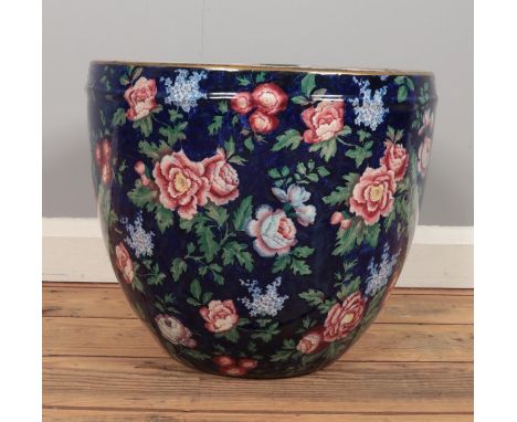 A large ceramic planter by Booths in the Peony &amp; Lilac pattern. H: 33.5cm D:38cm.  Chip to base and cracks inside.