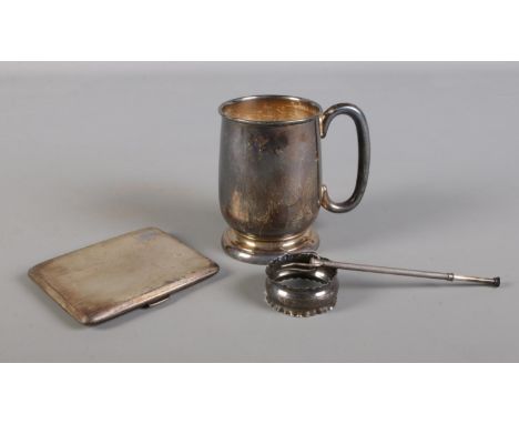 Four Silver pieces. To include a Tankard assayed in Sheffield 1931 by Viner's, Cigarette case assayed in Birmingham 1956 by F