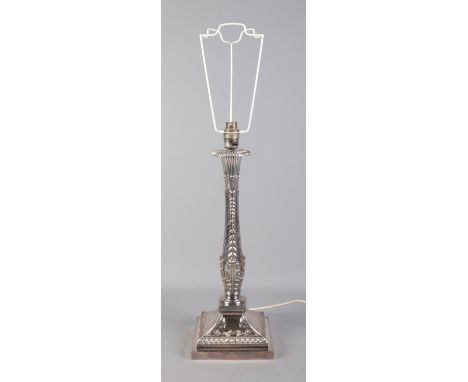 A large Hawksworth, Eyre &amp; Co Sheffield plate table lamp with acanthus leaf decoration. Height to top of column 45cm.  