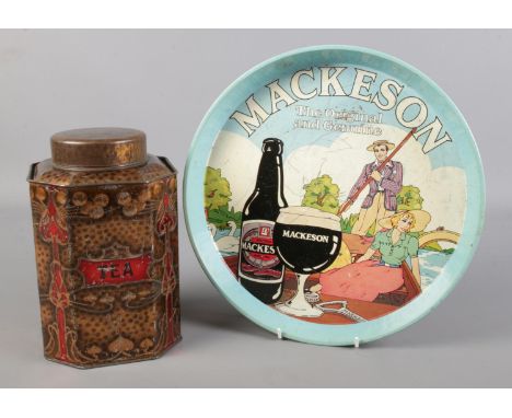 An art nouveau style tea caddy with Mackeson advertising tray. Tea Caddy: H: 22cm.  