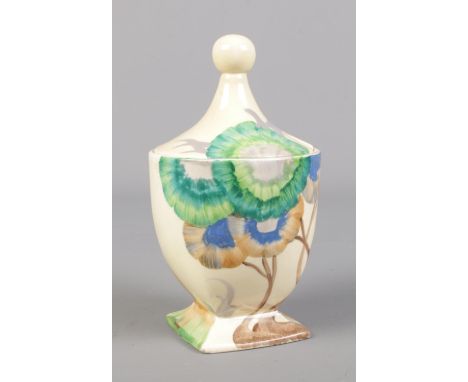 A Wilkinson Ltd Clarice Cliff preserve pot in the Viscaria design. Shape 690. 14cm.  