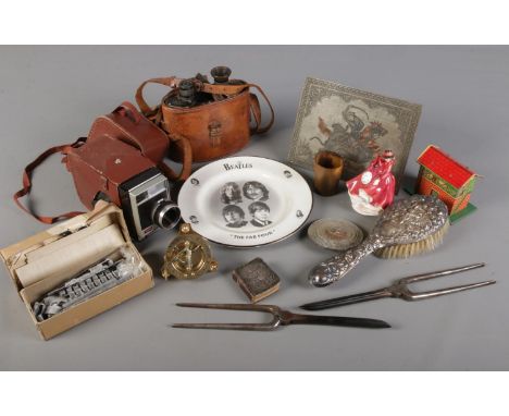 A tray of collectables. Includes Carl Zeiss binoculars, prayer book with silver front, Royal Doulton etc.  