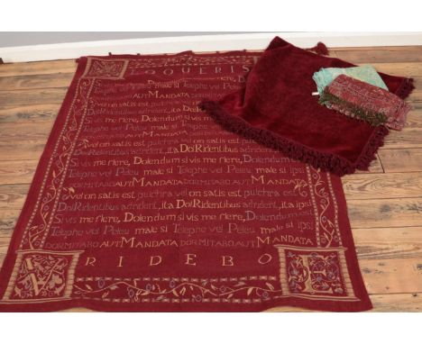 A small selection of textiles. To include a red chenille tablecloth, a wall hanging tapestry and two shawls. Tapestry: H:161c