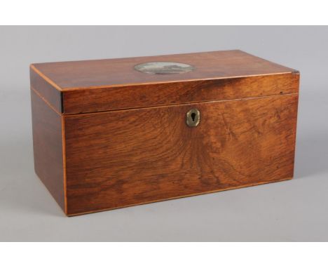A 19th century walnut tea caddy with micro mosaic landscape scene to top.