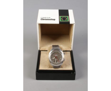 A gents stainless steel Omega Chronostop manual wristwatch. In original box.  Chronograph seconds resets at 5 marker, only wo