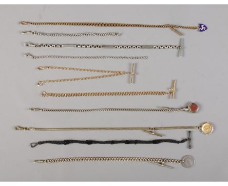 Ten albert and part albert chains, to include Victorian, swivel fob and enamel fob examples.  