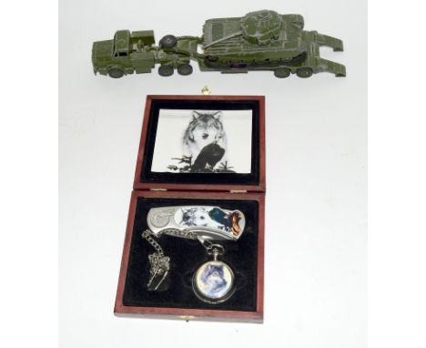 Dinky Toy Army Tank Transporter together with a hunting knife and a pocket watch set