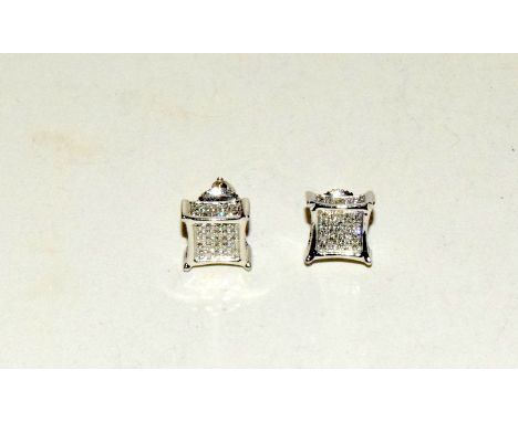 Pair of 10ct white gold pave set diamond earrings of approx 3ct