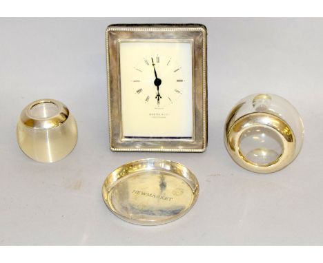 A Silver clock, 2 x silver match strikers and a silver pin dish