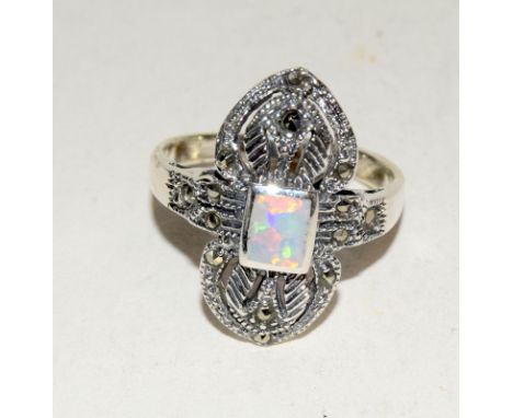 Silver marcasite and central opal panelled Art deco style ring