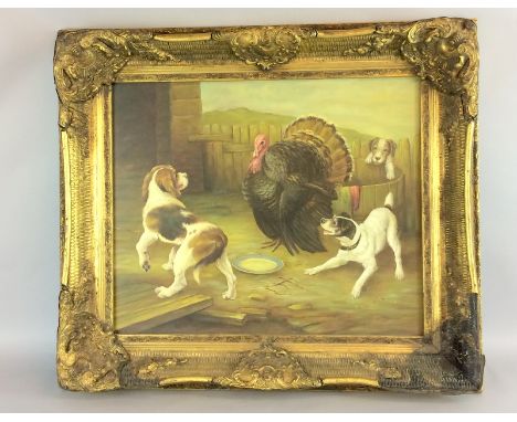 Large gilt framed picture of dogs playing with a turkey. 70 x 80cm