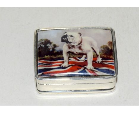 Silver and enamel pill box with picture of a bulldog