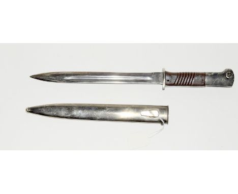 A German Third Reich model 1884/98 Knife bayonet in its steel scabbard. Blade length 25.5cms
