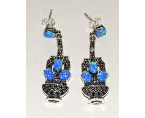 a pair of silver marcasite and blue opal Art Deco style drop earrings