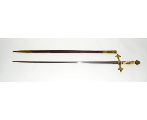 An impressive Scottish Masonic sword in its leather scabbard with brass mounts. Engraved to the crosspiece Fr. John Adam. St 