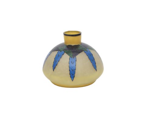 Leune, France An etched and enamelled glass vase, the shoulder decorated with stylized flroal pattern in blue, green and purp