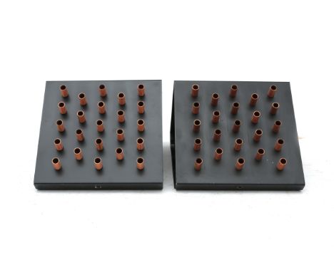 Raak, Amsterdam Two black lacquered bent metal wall lamps, decorated with copper tubes to one side, model C-1516 "Clair Obscu