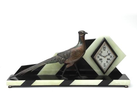 Art Deco A black and green stone mantle clock with stained metal figure of a pheasant, the dial of lozenge shape, some chips 