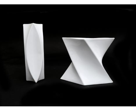Jan van der Vaart (1931-2000) Two white glazed porcelain vases, multiples, the lower lozenge shaped one with chip, produced i