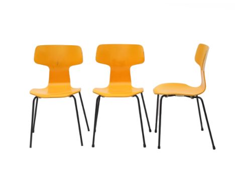 Arne Jacobsen (1902-1971) Three Hammer Chairs with yellow lacquered plywood seats on chromium plated tubular metal frames, mo