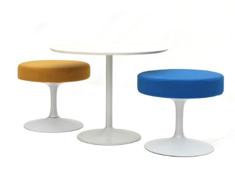 Space Age A white lacquered metal and wooden ocaasional table with two stools, one yellow upholstered, the other blue upholst