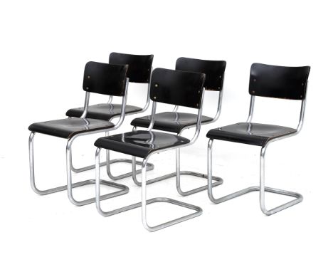 Thonet Five chromium plated tubular steel chairs with black lacquered plywood seats and backrests, model B34, designed 1933, 