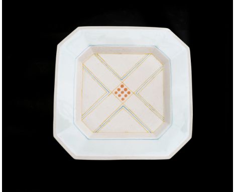 Bodil Manz (1943) A porcelain wall plate, partly unglazed, partly white glazed, decorated with geometrical pattern, painted s