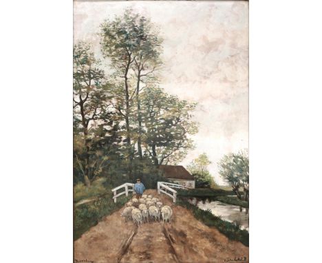 N.V. Haagsche Plateelfabriek Rozenburg, Den Haag (1883-1917) A polychrome glazed ceramic plaque depicting a flock of sheep wi