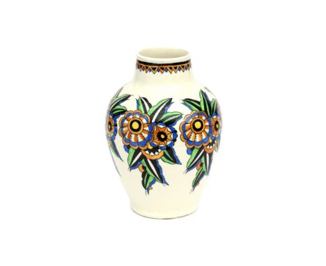 Charles Catteau (1880-1966) A glazed ceramic vase decorated with colourful stylized floral pattern all around, on white groun