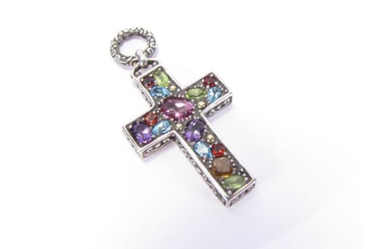 An Effy Sterling Silver Multi Colored Stone Cross Pendant With 18k Yellow Gold Bead Accents - Multi Gemstone Cross Pendant An Effy Sterling Silver Multi Colored Stone Cross Pendant With 18k Yellow Gold Bead Accents - Multi Gemstone Cross Pendant