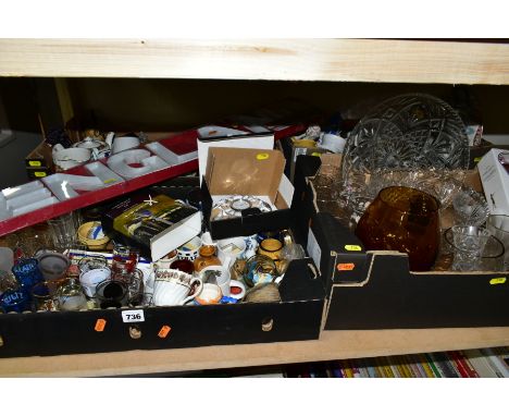 FOUR BOXES OF ASSORTED CERAMICS AND GLASSWARE, including an 18th century wrythen coffee cup, a Liskeard Glass knobbly vase, h