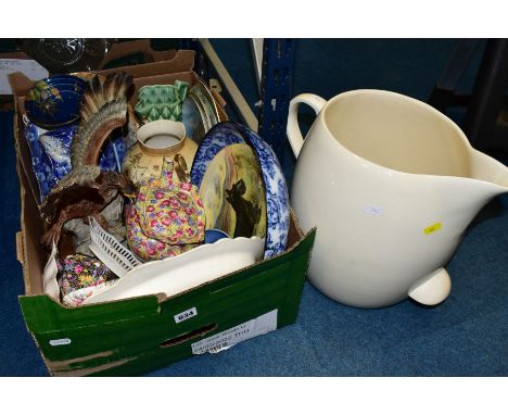 A BOX AND LOOSE CERAMIC WARES, to include a large cream glazed jug height 33cm, a Royal Doulton Series Ware Scottie Dog plate