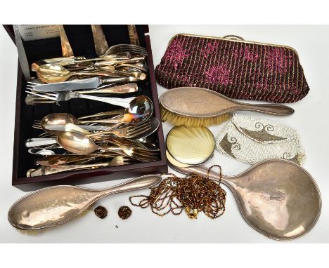 SILVER VANITY PIECES AND OTHER ITEMS, to include a three piece silver vanity set comprising of two hair brushes and a hand he