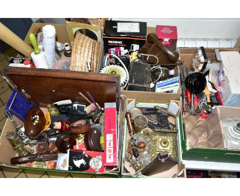 FIVE BOXES AND LOOSE FISHING RODS, SNOOKER CUES, TELESCOPE, METALWARES AND SUNDRY VINTAGE ITEMS, to include Daiwa Fisher-9, D