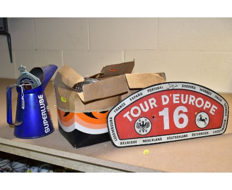 MOTORING INTEREST, a printed aluminium Tour D' Europe rally car badge for no '16', width 39cm x height 17cm, an Esso Superlub