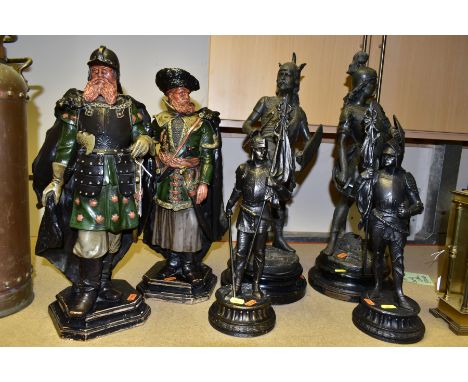 DECORATIVE CERAMIC AND SPELTER FIGURES, comprising two Wilhelm Schiller polychrome decorated sculptures of figures with sword