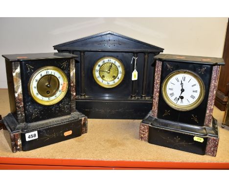 THREE LATE VICTORIAN BLACK SLATE AND MARBLE MANTEL CLOCKS, two of rectangular form with thirty hour movements, both lacking k