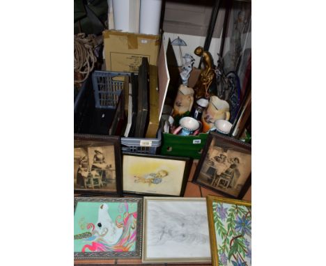 THREE BOXES AND LOOSE PICTURES, CERAMICS AND GLASSWARES, to include eighteen picture frames, framed prints, photographs and o