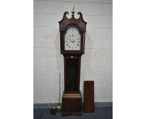 A GEORGIAN MAHOGANY EIGHT DAY LONGCASE CLOCK, the hood with a swan neck pediment and eagle pediment, twin cylindrical pillars