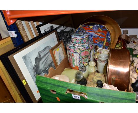 A BOX AND LOOSE OF CERAMICS, METALWARES, ONYX AND PRINTS, ETC, including a Carlton Ware Rouge Royal shaped square bowl, 20th 