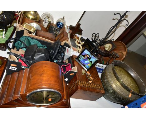 THREE BOXES AND LOOSE SUNDRY ITEMS ETC, to include a Praktica MTL3 with 50mm, 30mm and 80-200 lenses, Tasco 8x30 binoculars, 