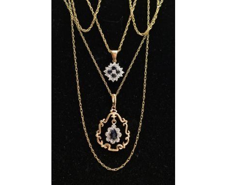 TWO 9CT GOLD PENDANT NECKLACES, the first pendant of an openwork scroll detailed design, to the centre sits a dropper set wit