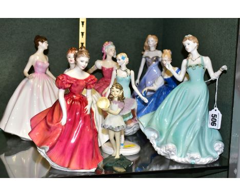 EIGHT CERAMIC FIGURINES, comprising Royal Doulton Winsome HN2220, Flower of Love HN2460 (wrist repaired and chipped), Kay HN3