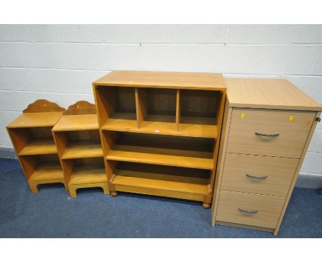 A LIGHT OAK STORAGE CABINET, with two shelves and two dividers, width 92cm x depth 44cm x height 98cm, a beech three drawer f