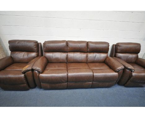 A BROWN LEATHER THREE PIECE LOUNGE SUITE, comprising of a three seater sofa, length 207cm, and a pair of recliner armchairs (