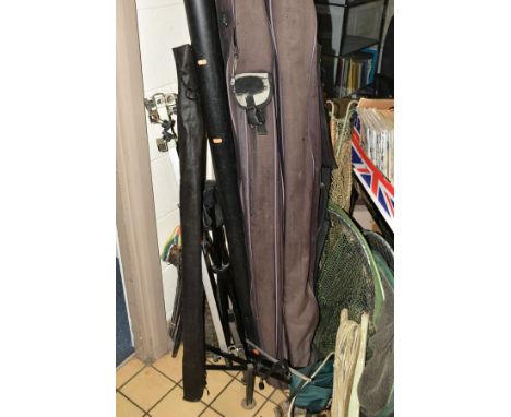A QUANTITY OF FISHING RODS, NETS, REELS, ANCHOR AND ACCESSORIES, rods to include Abu Garcia Devil, two Shimano Nexane Barbel 