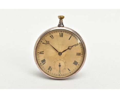 A SILVER OPEN FACE 'ROLEX' POCKET WATCH, silvered dial signed 'Rolex' (rubbed), Roman numerals, seconds subsidiary dial at th