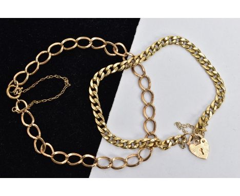 TWO 9CT GOLD BRACELETS, the first a curb link chain fitted with a heart clasp and safety chain, hallmarked 9ct London import,