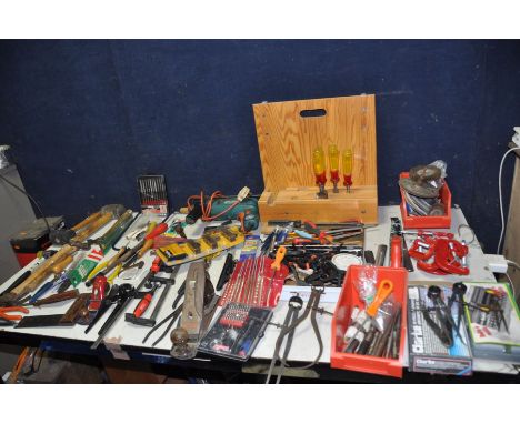 TWO BAGS CONTAINING TOOLS including G clamps, a Stanley No4 plane, wood chisels, callipers, a vintage Black and Decker Drill 
