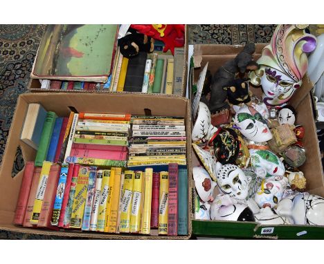 THREE BOXES OF BOOKS AND DECORATIVE WALL MASKS, ETC, the two boxes of books containing approximately eighty titles featuring 